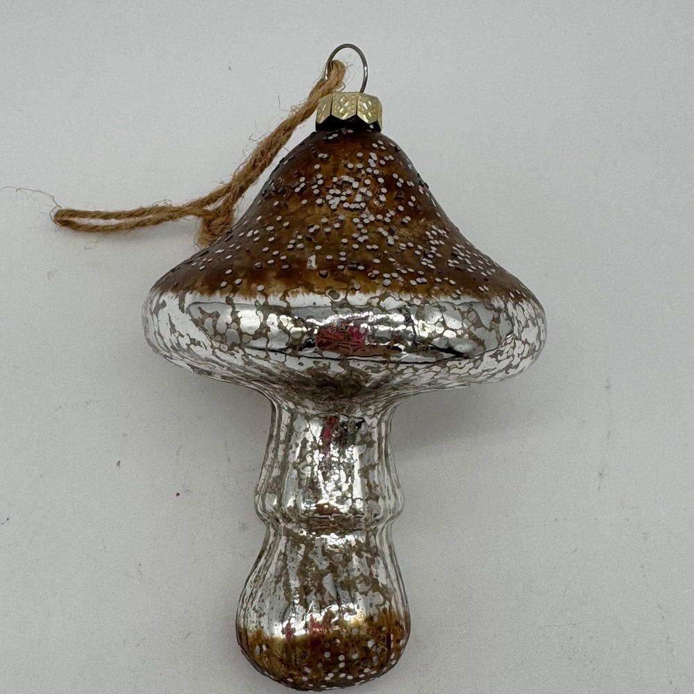 Vintage Mercury Glass Mushroom Ornament Brown Glitter Toadstool Christmas 5" Vtg